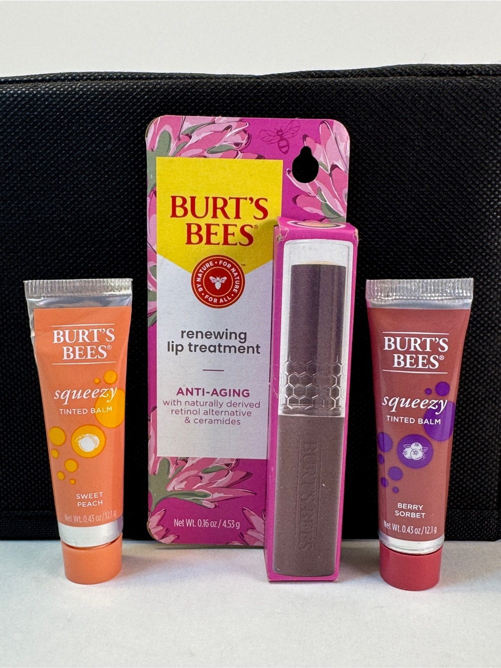 Burt's Bees 3pc Lip Lot Renewing Lip Treatment & 2 Squeezy Tinted Balms